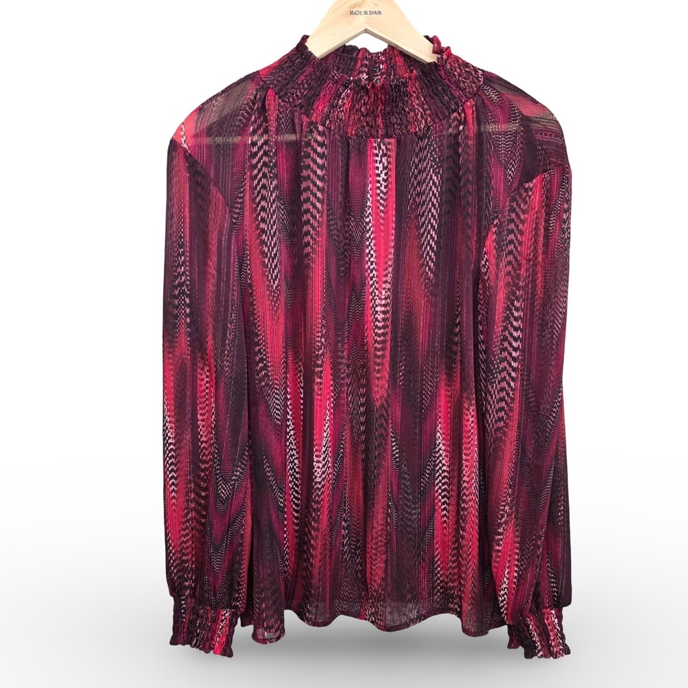 Susan Graver Blouse Womens 12 Pink Berry Abstract Stripe Mock Neck Smocked Top